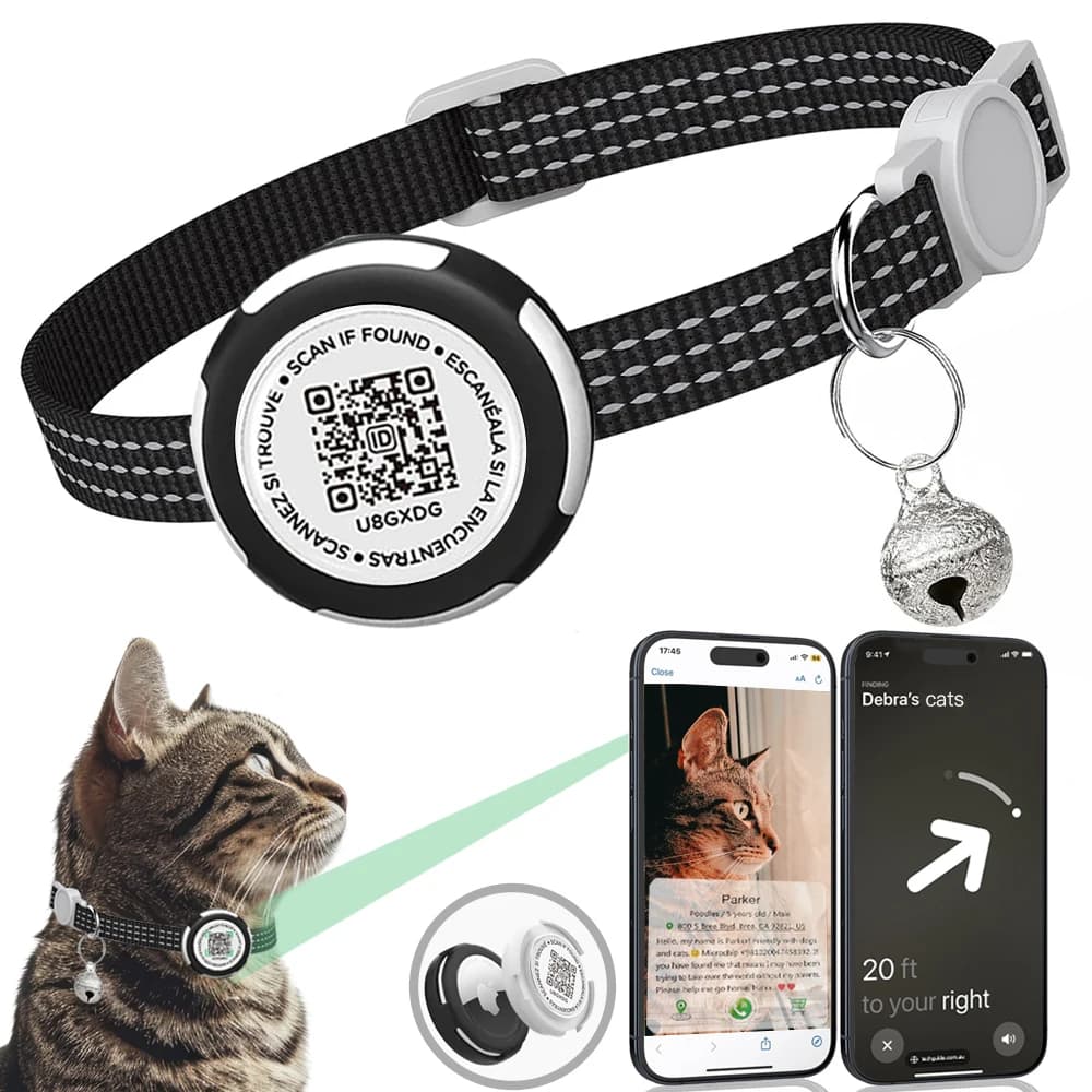 Obroża dla kota z GPS, etui Airtag i odblaskowym identyfikatorem QR 🐾